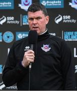 17 May 2024; Drogheda United manager Kevin Doherty is interviewed by LOI TV before the SSE Airtricity Men's Premier Division match between Drogheda United and Galway United at Weavers Park in Drogheda, Louth.  Photo by Shauna Clinton/Sportsfile