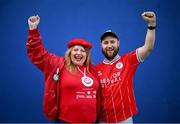 17 May 2024; Shelbourne supporter and Green Party Councillor Donna Cooney with Isaac McCarthy before the SSE Airtricity Men's Premier Division match between Shelbourne and Waterford at Tolka Park in Dublin. Photo by David Fitzgerald/Sportsfile