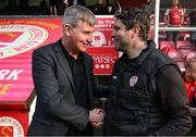 17 May 2024; St Patrick's Athletic manager Stephen Kenny and Derry City manager Ruaidhrí Higgins before the SSE Airtricity Men's Premier Division match between St Patrick's Athletic and Derry City at Richmond Park in Dublin. Photo by Stephen McCarthy/Sportsfile