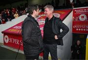 17 May 2024; Derry City manager Ruaidhrí Higgins, left, and St Patrick's Athletic manager Stephen Kenny before the SSE Airtricity Men's Premier Division match between St Patrick's Athletic and Derry City at Richmond Park in Dublin. Photo by Stephen McCarthy/Sportsfile