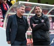 17 May 2024; St Patrick's Athletic manager Stephen Kenny and Derry City manager Ruaidhrí Higgins, right, before the SSE Airtricity Men's Premier Division match between St Patrick's Athletic and Derry City at Richmond Park in Dublin. Photo by Stephen McCarthy/Sportsfile