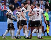 17 May 2024; Robert Slevin of Galway United, second from right, celebrates with team-mates after scoring his side's first goal during the SSE Airtricity Men's Premier Division match between Drogheda United and Galway United at Weavers Park in Drogheda, Louth.  Photo by Shauna Clinton/Sportsfile