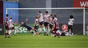 17 May 2024; Evan Weir of Drogheda United, 3, looks on as the ball goes past Galway United goalkeeper Brendan Clarke, scoring his side's first goal during the SSE Airtricity Men's Premier Division match between Drogheda United and Galway United at Weavers Park in Drogheda, Louth.  Photo by Shauna Clinton/Sportsfile