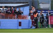 17 May 2024; Evan Weir of Drogheda United, 3, celebrates after scoring his side's first goal during the SSE Airtricity Men's Premier Division match between Drogheda United and Galway United at Weavers Park in Drogheda, Louth.  Photo by Shauna Clinton/Sportsfile