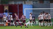 17 May 2024; Evan Weir of Drogheda United, 3, celebrates after scoring his side's first goal during the SSE Airtricity Men's Premier Division match between Drogheda United and Galway United at Weavers Park in Drogheda, Louth.  Photo by Shauna Clinton/Sportsfile
