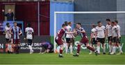 17 May 2024; Evan Weir of Drogheda United celebrates  with team-mate Warren Davis after scoring his side's first goal during the SSE Airtricity Men's Premier Division match between Drogheda United and Galway United at Weavers Park in Drogheda, Louth.  Photo by Shauna Clinton/Sportsfile