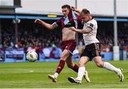 17 May 2024; Stephen Walsh of Galway United in action against Hayden Cann of Drogheda United during the SSE Airtricity Men's Premier Division match between Drogheda United and Galway United at Weavers Park in Drogheda, Louth.  Photo by Shauna Clinton/Sportsfile