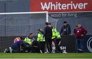 17 May 2024; Warren Davis of Drogheda United receives medical attention during the SSE Airtricity Men's Premier Division match between Drogheda United and Galway United at Weavers Park in Drogheda, Louth.  Photo by Shauna Clinton/Sportsfile