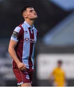 17 May 2024; Evan Weir of Drogheda United reacts to a missed shot on goal during the SSE Airtricity Men's Premier Division match between Drogheda United and Galway United at Weavers Park in Drogheda, Louth.  Photo by Shauna Clinton/Sportsfile