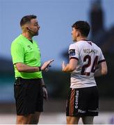 17 May 2024; Edward McCarthy of Galway United remonstrates with referee Declan Toland during the SSE Airtricity Men's Premier Division match between Drogheda United and Galway United at Weavers Park in Drogheda, Louth.  Photo by Shauna Clinton/Sportsfile