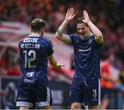 17 May 2024; Derry City's Ciarán Coll celebrates with team-mate Paul McMullan after scoring their opening goal during the SSE Airtricity Men's Premier Division match between St Patrick's Athletic and Derry City at Richmond Park in Dublin. Photo by Stephen McCarthy/Sportsfile