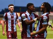 17 May 2024; Zishim Bawa of Drogheda United celebrates with team-mate Frantz Pierrot after scoring his side's second goal during the SSE Airtricity Men's Premier Division match between Drogheda United and Galway United at Weavers Park in Drogheda, Louth.  Photo by Shauna Clinton/Sportsfile