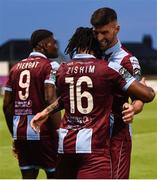 17 May 2024; Zishim Bawa of Drogheda United, 16, celebrates with team-mate Adam Foley after scoring his side's second goal during the SSE Airtricity Men's Premier Division match between Drogheda United and Galway United at Weavers Park in Drogheda, Louth.  Photo by Shauna Clinton/Sportsfile