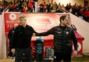 17 May 2024; St Patrick's Athletic manager Stephen Kenny and Derry City manager Ruaidhrí Higgins after the SSE Airtricity Men's Premier Division match between St Patrick's Athletic and Derry City at Richmond Park in Dublin. Photo by Stephen McCarthy/Sportsfile