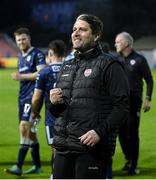 17 May 2024; Derry City manager Ruaidhrí Higgins celebrates after the SSE Airtricity Men's Premier Division match between St Patrick's Athletic and Derry City at Richmond Park in Dublin. Photo by Stephen McCarthy/Sportsfile