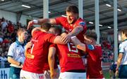 17 May 2024; Munster players celebrate the try of Antoine Frisch, 13, during the United Rugby Championship match between Edinburgh and Munster at the Hive Stadium in Edinburgh, Scotland. Photo by Mark Scates/Sportsfile
