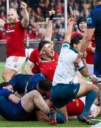 17 May 2024; Thomas Ahern of Munster celebrates a try by teammate Gavin Coombes of Munster, hidden, during the United Rugby Championship match between Edinburgh and Munster at the Hive Stadium in Edinburgh, Scotland. Photo by Mark Scates/Sportsfile