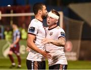 17 May 2024; Wassim Aouachria of Galway United celebrates with team-mate Stephen Walsh after scoring his side's second goal during the SSE Airtricity Men's Premier Division match between Drogheda United and Galway United at Weavers Park in Drogheda, Louth.  Photo by Shauna Clinton/Sportsfile