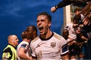 17 May 2024; Maurice Nugent of Galway United celebrates his side's third goal scored by Stephen Walsh, not pictured, during the SSE Airtricity Men's Premier Division match between Drogheda United and Galway United at Weavers Park in Drogheda, Louth.  Photo by Shauna Clinton/Sportsfile