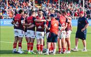 17 May 2024; Munster players huddle before the United Rugby Championship match between Edinburgh and Munster at the Hive Stadium in Edinburgh, Scotland. Photo by Mark Scates/Sportsfile