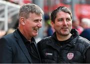 17 May 2024; St Patrick's Athletic manager Stephen Kenny and Derry City manager Ruaidhrí Higgins, right, before the SSE Airtricity Men's Premier Division match between St Patrick's Athletic and Derry City at Richmond Park in Dublin. Photo by Stephen McCarthy/Sportsfile