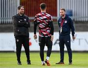 17 May 2024; St Patrick's Athletic head of media Jamie Moore with Derry City manager Ruaidhrí Higgins and goalkeeper Brian Maher before the SSE Airtricity Men's Premier Division match between St Patrick's Athletic and Derry City at Richmond Park in Dublin. Photo by Stephen McCarthy/Sportsfile