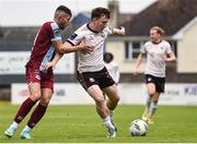 17 May 2024; Edward McCarthy of Galway United in action against Luke Heeney of Drogheda United during the SSE Airtricity Men's Premier Division match between Drogheda United and Galway United at Weavers Park in Drogheda, Louth.  Photo by Shauna Clinton/Sportsfile