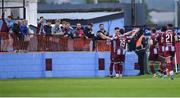 17 May 2024; Evan Weir of Drogheda United celebrates with teammate Ryan Brennan after scoring their side's first goal during the SSE Airtricity Men's Premier Division match between Drogheda United and Galway United at Weavers Park in Drogheda, Louth.  Photo by Shauna Clinton/Sportsfile