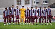 17 May 2024; Drogheda United players observe a minute's silence in honour of those who passed in the Great Famine before the SSE Airtricity Men's Premier Division match between Drogheda United and Galway United at Weavers Park in Drogheda, Louth.  Photo by Shauna Clinton/Sportsfile