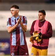 17 May 2024; Drogheda United players, from left, Hayden Cann, left, and Jethren Barr acknowledge supporters after their side's defeat in the SSE Airtricity Men's Premier Division match between Drogheda United and Galway United at Weavers Park in Drogheda, Louth.  Photo by Shauna Clinton/Sportsfile