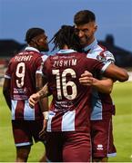 17 May 2024; Zishim Bawa of Drogheda United celebrates with team-mate Adam Foley after scoring his side's second goal during the SSE Airtricity Men's Premier Division match between Drogheda United and Galway United at Weavers Park in Drogheda, Louth.  Photo by Shauna Clinton/Sportsfile