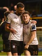 17 May 2024; Galway United players, Wassim Aouachria, left, and Edward McCarthy celebrate after their side's victory in the SSE Airtricity Men's Premier Division match between Drogheda United and Galway United at Weavers Park in Drogheda, Louth.  Photo by Shauna Clinton/Sportsfile