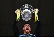 12 May 2024; Donegal goalkeeper Shaun Patton lifts the Anglo Celt cup after his side's victory in the Ulster GAA Football Senior Championship final match between Armagh and Donegal at St Tiernach's Park in Clones, Monaghan. Photo by Piaras Ó Mídheach/Sportsfile
