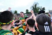 12 May 2024; Jason McGee of Donegal celebrates with supporters after the Ulster GAA Football Senior Championship final match between Armagh and Donegal at St Tiernach's Park in Clones, Monaghan. Photo by Piaras Ó Mídheach/Sportsfile