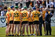 18 May 2024; Antrim manager Darren Gleeson speaks to his substitutes before the Leinster GAA Hurling Senior Championship Round 4 match between Antrim and Galway at Corrigan Park in Belfast. Photo by Harry Murphy/Sportsfile