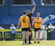 18 May 2024; Referee Michael Kennedy shows a red card to Ryan McGarry of Antrim, 6, during the Leinster GAA Hurling Senior Championship Round 4 match between Antrim and Galway at Corrigan Park in Belfast. Photo by Harry Murphy/Sportsfile