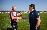 18 May 2024; Galway manager Henry Shefflin and Antrim manager Darren Gleeson shake hands after the Leinster GAA Hurling Senior Championship Round 4 match between Antrim and Galway at Corrigan Park in Belfast. Photo by Harry Murphy/Sportsfile