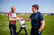 18 May 2024; Galway manager Henry Shefflin and Antrim manager Darren Gleeson shake hands after the Leinster GAA Hurling Senior Championship Round 4 match between Antrim and Galway at Corrigan Park in Belfast. Photo by Harry Murphy/Sportsfile