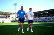 18 May 2024; Jack Conan, left, and Jimmy O'Brien of Leinster before the United Rugby Championship match between Ulster and Leinster at Kingspan Stadium in Belfast. Photo by Ramsey Cardy/Sportsfile