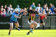 18 May 2024; Martin Keoghan of Kilkenny in action against Conor Donohoe of Dublin during the Leinster GAA Hurling Senior Championship Round 4 match between Dublin and Kilkenny at Parnell Park in Dublin. Photo by Daire Brennan/Sportsfile