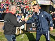 18 May 2024; Cavan manager Raymond Galligan ahakes hands with Mayo manager Kevin McStay after the GAA Football All-Ireland Senior Championship Round 1 match between Mayo and Cavan at Hastings Insurance MacHale Park in Castlebar, Mayo. Photo by Stephen Marken/Sportsfile