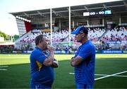 18 May 2024; Ulster head coach Richie Murphy speaks with Leinster senior coach Jacques Nienaber before the United Rugby Championship match between Ulster and Leinster at Kingspan Stadium in Belfast. Photo by Harry Murphy/Sportsfile