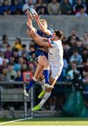 18 May 2024; Tommy O'Brien of Leinster and Jacob Stockdale of Ulster contest a high ball during the United Rugby Championship match between Ulster and Leinster at Kingspan Stadium in Belfast. Photo by Harry Murphy/Sportsfile