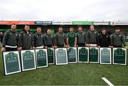 18 May 2024; Connacht players from left, Diarmuid Kilgallen, Tom Farrell, Oran McNulty, Tadgh McElroy, Dominic Robertson-McCoy, Tiernan O’Halloran, Tom Daly, Gavin Thornbury,Michael McDonald and Matthew Burke during a presentation after the United Rugby Championship match between Connacht and DHL Stormers at The Sportsground in Galway. Photo by Michael P Ryan/Sportsfile