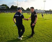 18 May 2024; Dublin manager Micheál Donoghue shakes hands with Kilkenny manager Derek Lyng after the Leinster GAA Hurling Senior Championship Round 4 match between Dublin and Kilkenny at Parnell Park in Dublin. Photo by Daire Brennan/Sportsfile