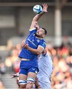 18 May 2024; Max Deegan of Leinster wins possession in the lineout against Kieran Treadwell of Ulster during the United Rugby Championship match between Ulster and Leinster at Kingspan Stadium in Belfast. Photo by Ramsey Cardy/Sportsfile