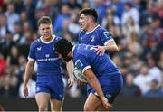 18 May 2024; Charlie Ngatai of Leinster with teammate Jimmy O'Brien after scoring his side's first try during the United Rugby Championship match between Ulster and Leinster at Kingspan Stadium in Belfast. Photo by Harry Murphy/Sportsfile
