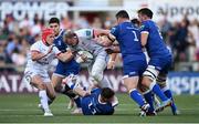18 May 2024; Kieran Treadwell of Ulster is tackled by Cian Healy, left, and Jack Conan of Leinster during the United Rugby Championship match between Ulster and Leinster at Kingspan Stadium in Belfast. Photo by Ramsey Cardy/Sportsfile