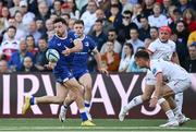 18 May 2024; Hugo Keenan of Leinster offloads in the buildup to hiis side's second try during the United Rugby Championship match between Ulster and Leinster at Kingspan Stadium in Belfast. Photo by Harry Murphy/Sportsfile