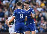 18 May 2024; Cormac Foley of Leinster, 9, celebrates with teammate Hugo Keenan after scoring his side's second try during the United Rugby Championship match between Ulster and Leinster at Kingspan Stadium in Belfast. Photo by Harry Murphy/Sportsfile